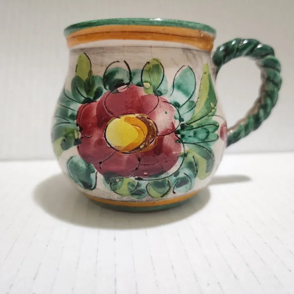 Miriam Italy Handpainted Ceramic Mug Floral Green Red Orange Braided Handle